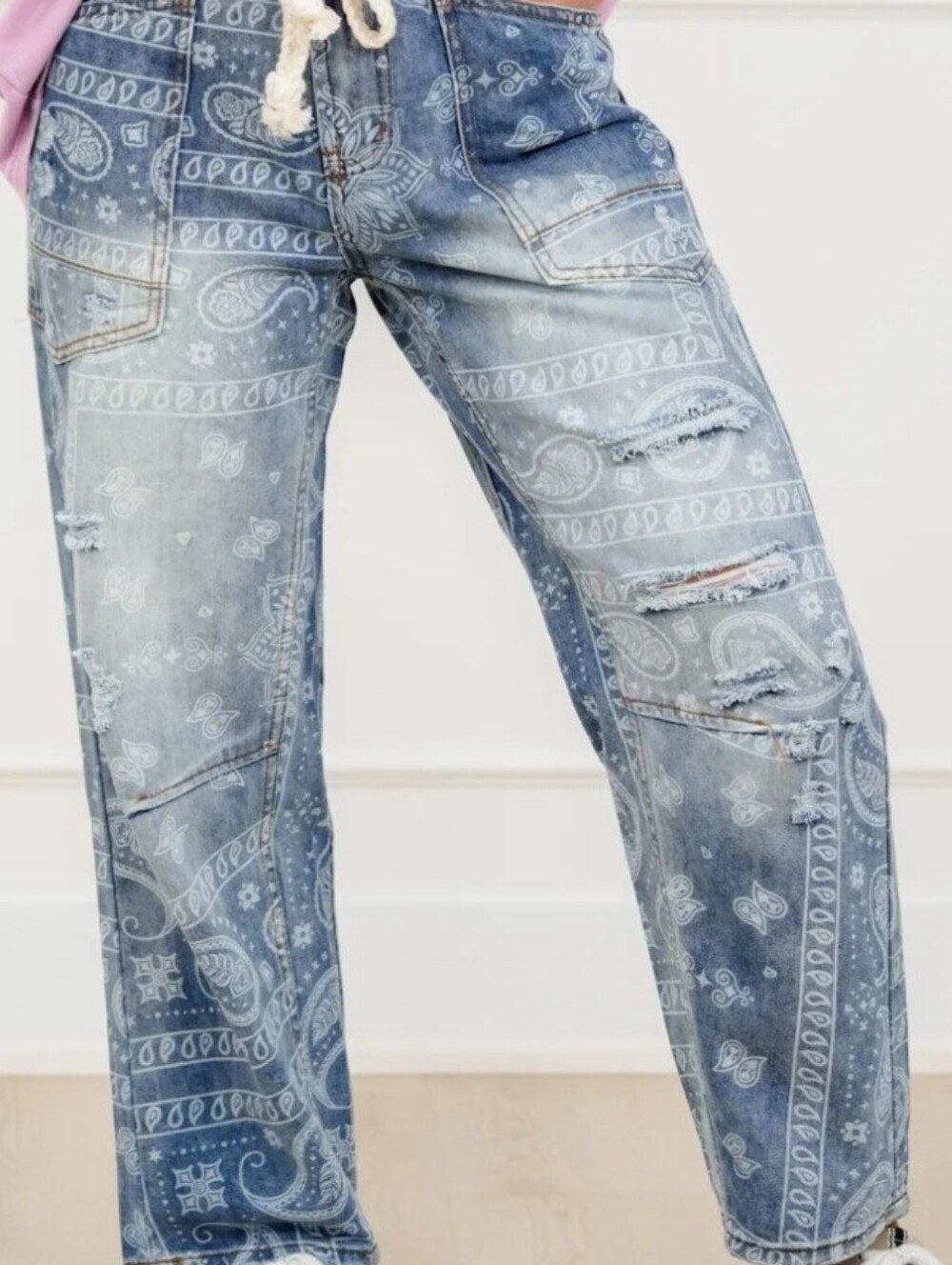 OLI & HALI Bandana/Paisley Print Barrel Jeans w/Rope Drawstring Waist, NWT, S
